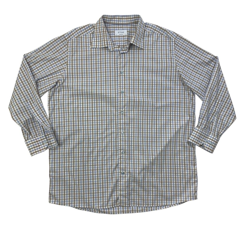 Eton Dress Shirt Mens 18 Brown Blue Gingham Check Contemporary Business Dress
